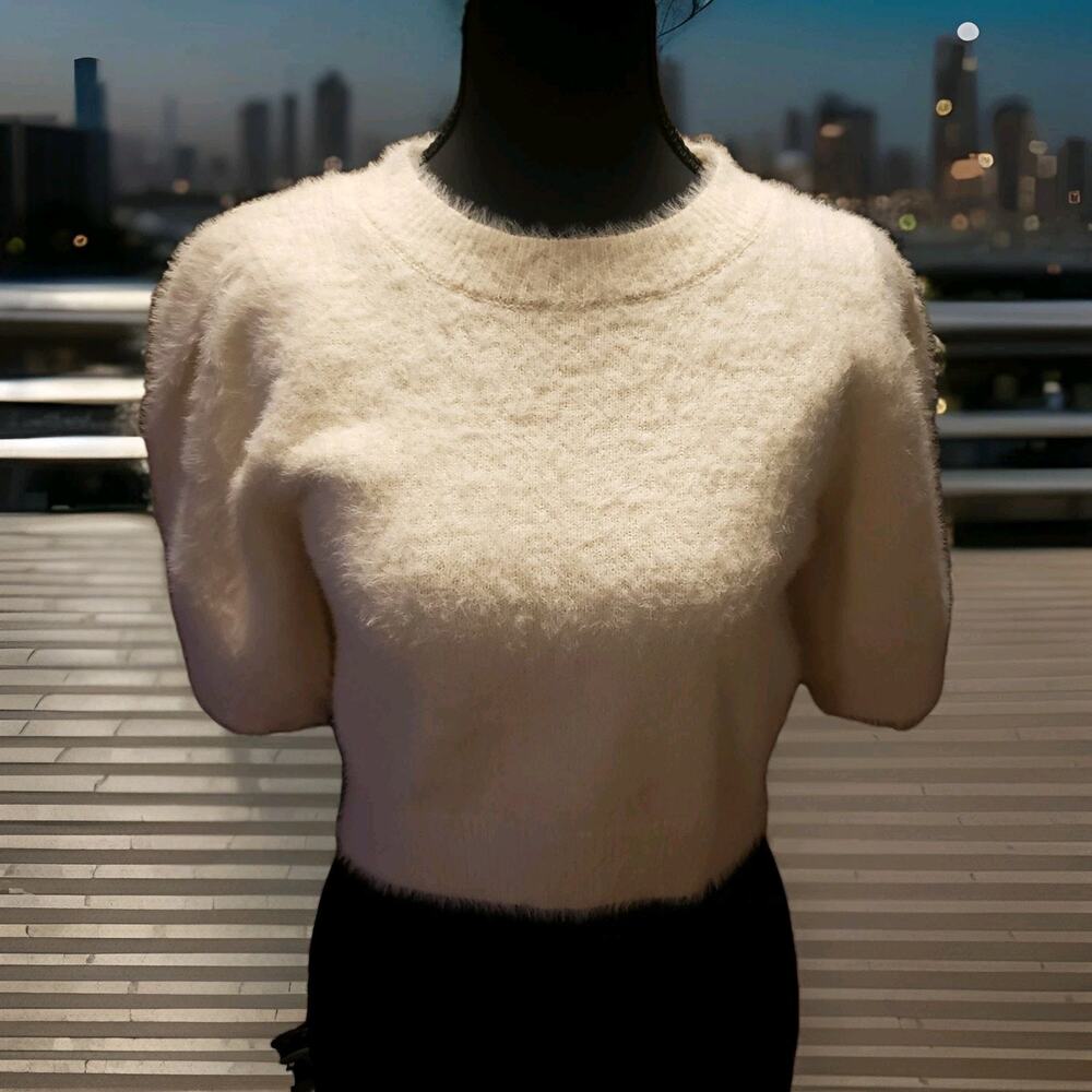 Day + Moon Ivory Sweater Short Puff Sleeve Soft Cropped Classy Neutral Staple